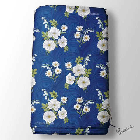 Navy Blue White Color Floral Printed Fabric Material