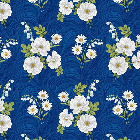 Navy Blue White Color Floral Printed Fabric Material