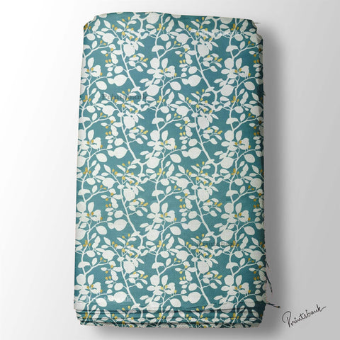 Teal Blue White Floral Printed Fabric Material