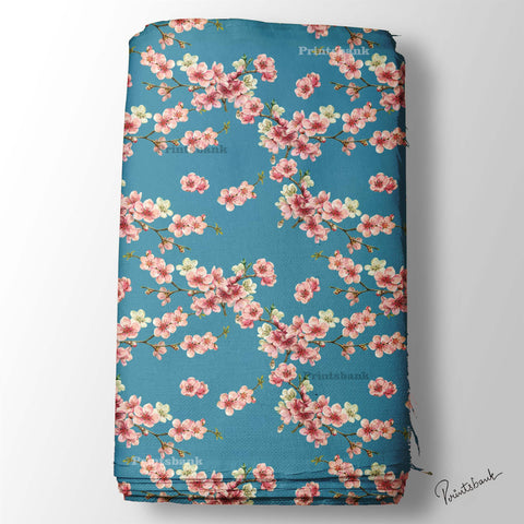 Teal Blue Pink Floral Printed Fabric Material