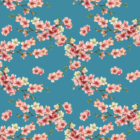 Teal Blue Pink Floral Printed Fabric Material