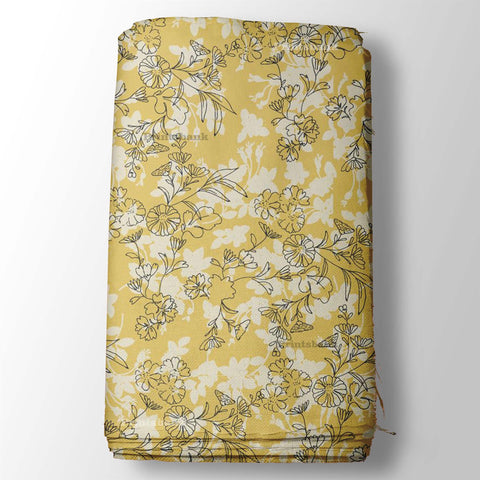 Yellow with Black Small Fabric Floral Prints for Dress