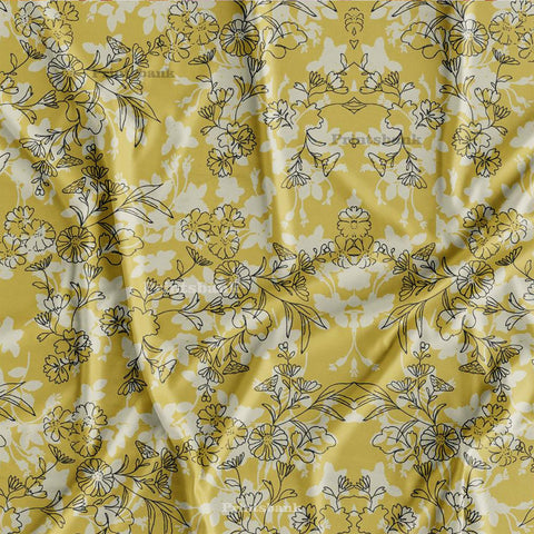 Yellow with Black Small Fabric Floral Prints for Dress