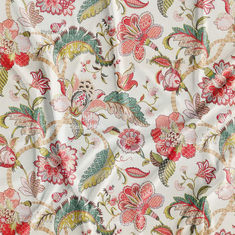 Red Floral Printed Fabric in Multi Colors