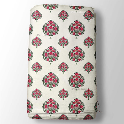 Snow White With Red Green Floral Motif Printed Fabric