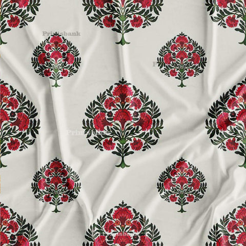 Snow White With Red Green Floral Motif Printed Fabric