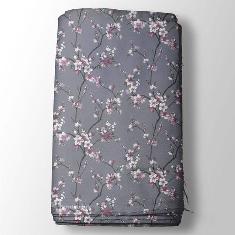 Dark Gray Pink Cherry Floral Digital Printed Fabric For Dresses