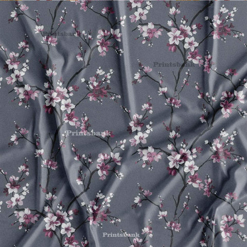 Dark Gray Pink Cherry Floral Digital Printed Fabric For Dresses