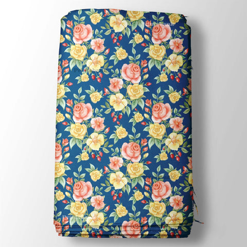 Navy Blue & Multicolor Rose Floral Digital Printed Fabric