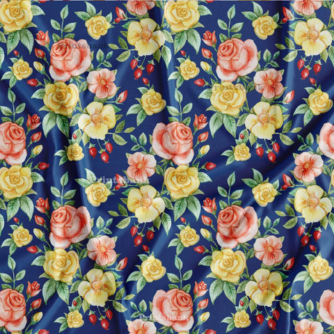 Navy Blue & Multicolor Rose Floral Digital Printed Fabric