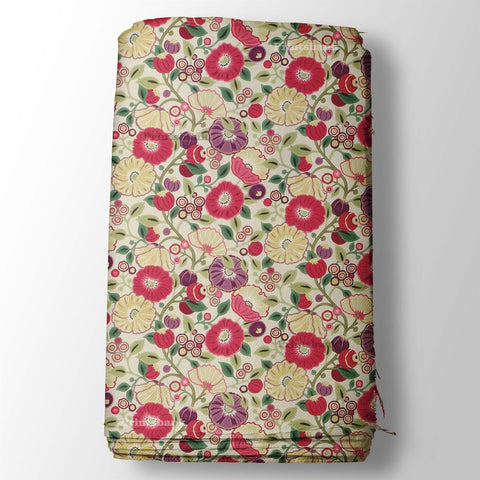 Vintage Floral Jaal Beige & Red Digital Printed Fabric