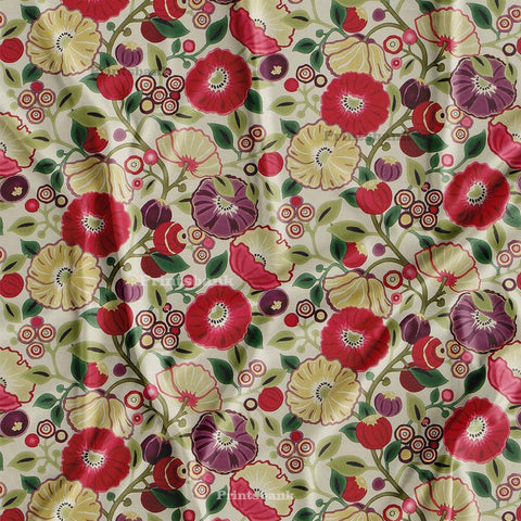 Vintage Floral Jaal Beige & Red Digital Printed Fabric