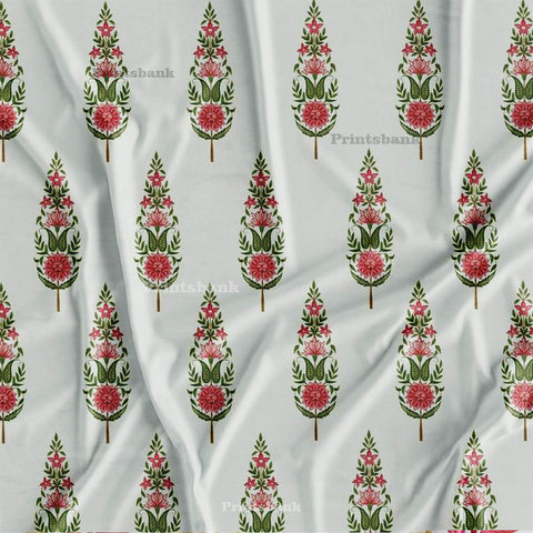 Pearl White & Ethnic Motif Red and Green Floral Digital Printed Fabric