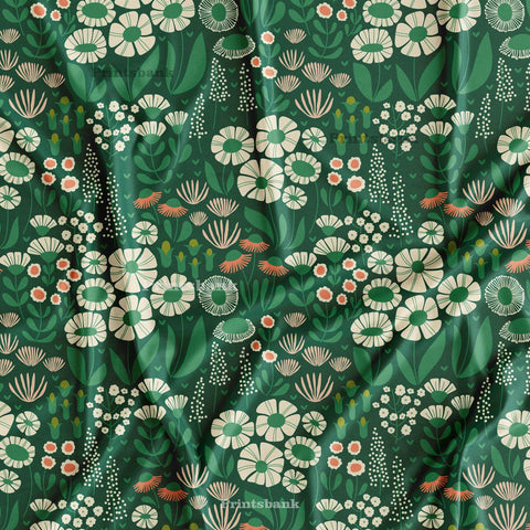 Emrald Green Vintage Floral Digital Printed Fabric