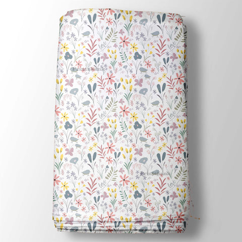 White Mini Floral Pink Yellow & Bird Digital Printed Fabric