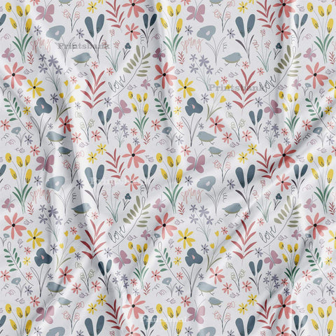 White Mini Floral Pink Yellow & Bird Digital Printed Fabric