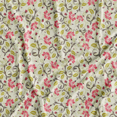 Pink Green Floral Jaal Digital Printed Cream Fabric Material