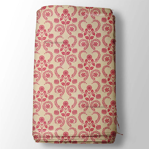 Beige & Red Floral Digital Printed Fabric For Clothing