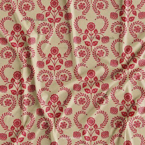 Beige & Red Floral Digital Printed Fabric For Clothing