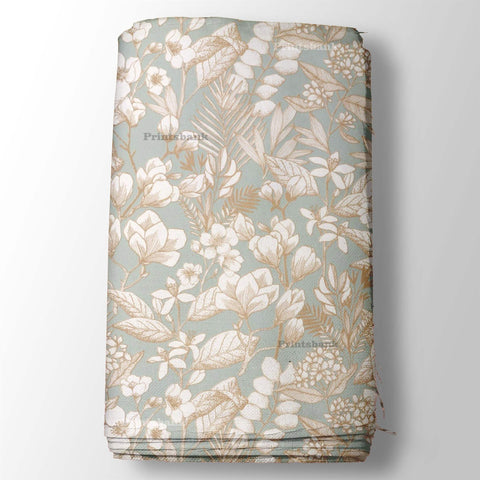 Pastel Olive Green & Cream Digital Floral Printed Fabric