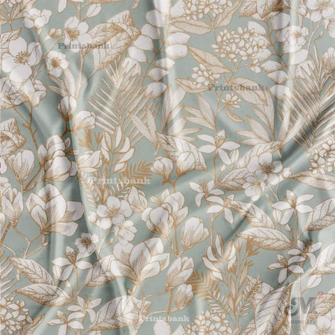 Pastel Olive Green & Cream Digital Floral Printed Fabric