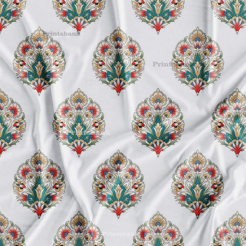 Ivory White Mughal Floral Motif Digital Printed Fabric