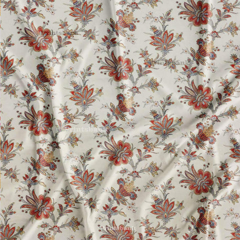 Vintage Cream Floral Jaal Red Digital Printed Fabric