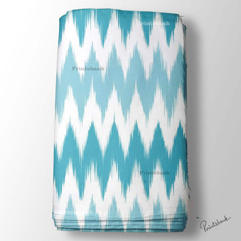 Teal Blue Zigzag Ikat Digital Printed Fabric Material