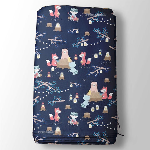 Navy Blue Cat Kid's Digital Printed Fabric