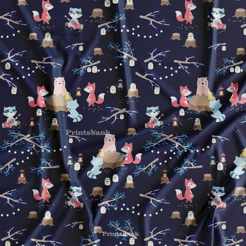 Navy Blue Cat Kid's Digital Printed Fabric