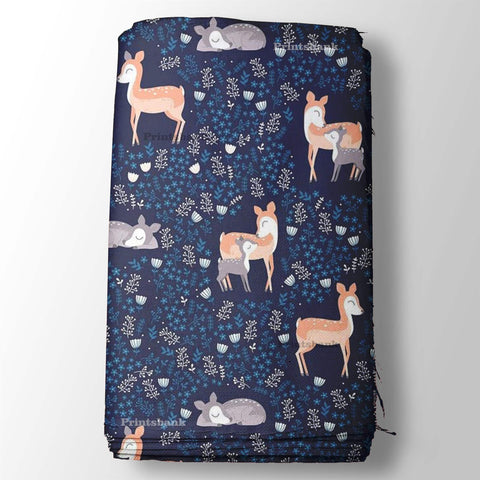 Navy Blue Animal Kid's Digital Printed Fabric