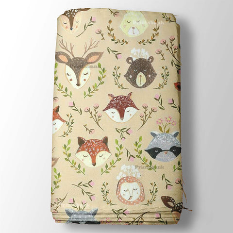 Beige Fox Face Kid's Digital Printed Fabric