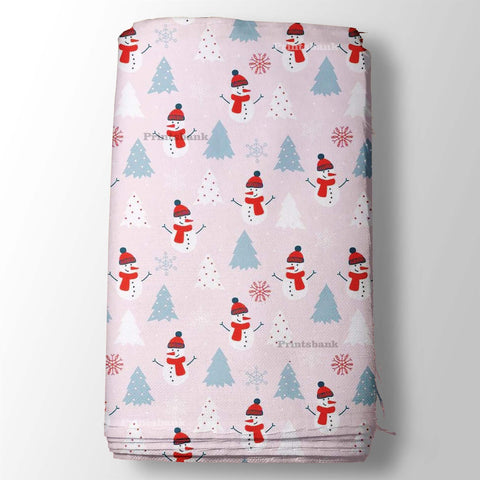 Snow Man & Christmas Tree Baby Pink Printed Fabric For Kid's