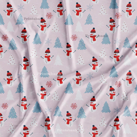 Snow Man & Christmas Tree Baby Pink Printed Fabric For Kid's