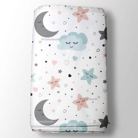 Multi Color Star & Moon Kid's White Printed Fabric For Baby