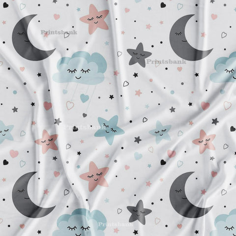 Multi Color Star & Moon Kid's White Printed Fabric For Baby