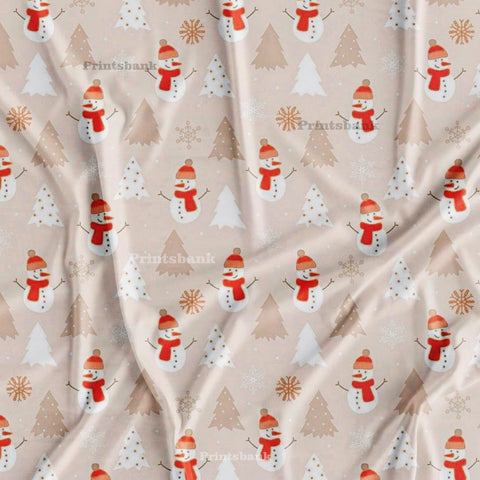 Peach Pink Snow Man Kid's Printed Fabric