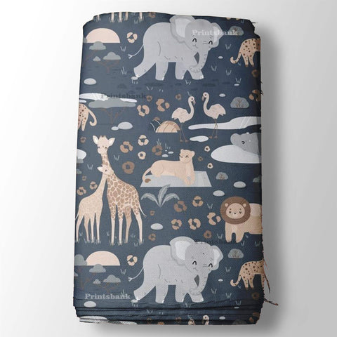 Fun Playing Elephant & Giraffe Charcoal Blue Kid's Printed Fabric