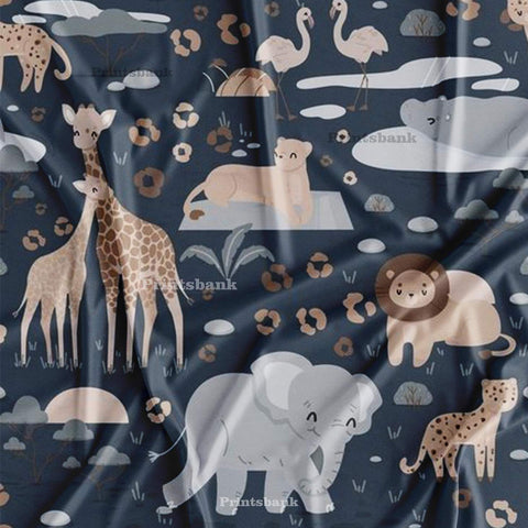 Fun Playing Elephant & Giraffe Charcoal Blue Kid's Printed Fabric