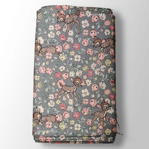 Baby Deer Floral Pattern Dark Gray Kid's Printed Fabric