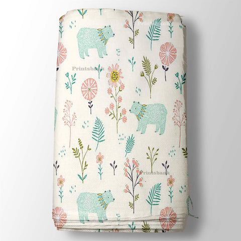 Pastel Cream Snow Bear & Floral Print For Kid's Printed Fabric