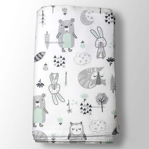 Teddy Owl Cute Baby Kid Printed Fabric in Grey White