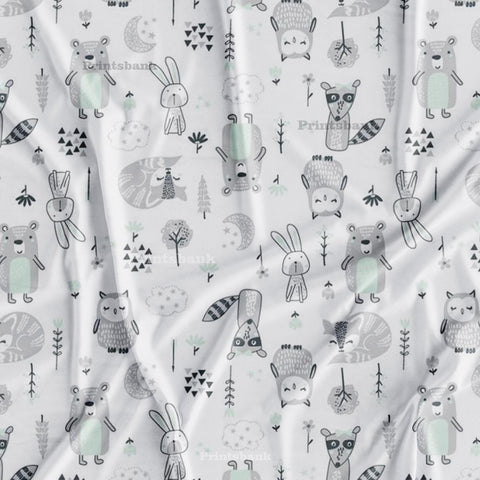 Teddy Owl Cute Baby Kid Printed Fabric in Grey White