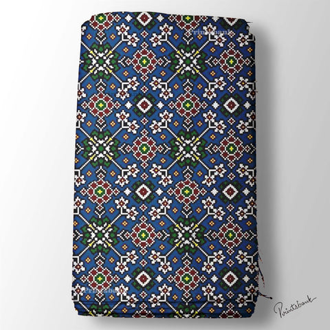 Navy Blue Geometrical Pattern Patola Digital Printed Fabric Material