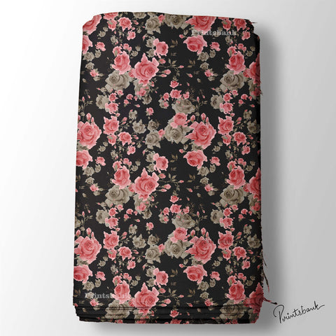 Black Pink Rose Garden Clothing Material